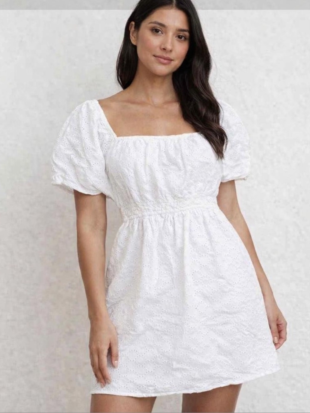 Sim & Sam White Eyelet Puff-Sleeve Mini Dress Cotton Large